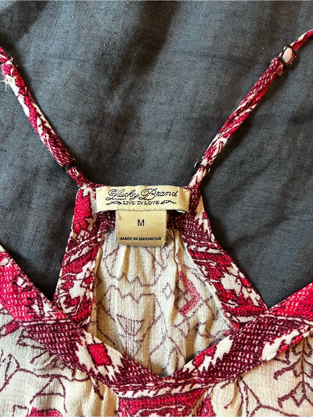 Lucky Brand Red and Cream Geometric Spaghetti Strap Tank - Picture 2 of 2